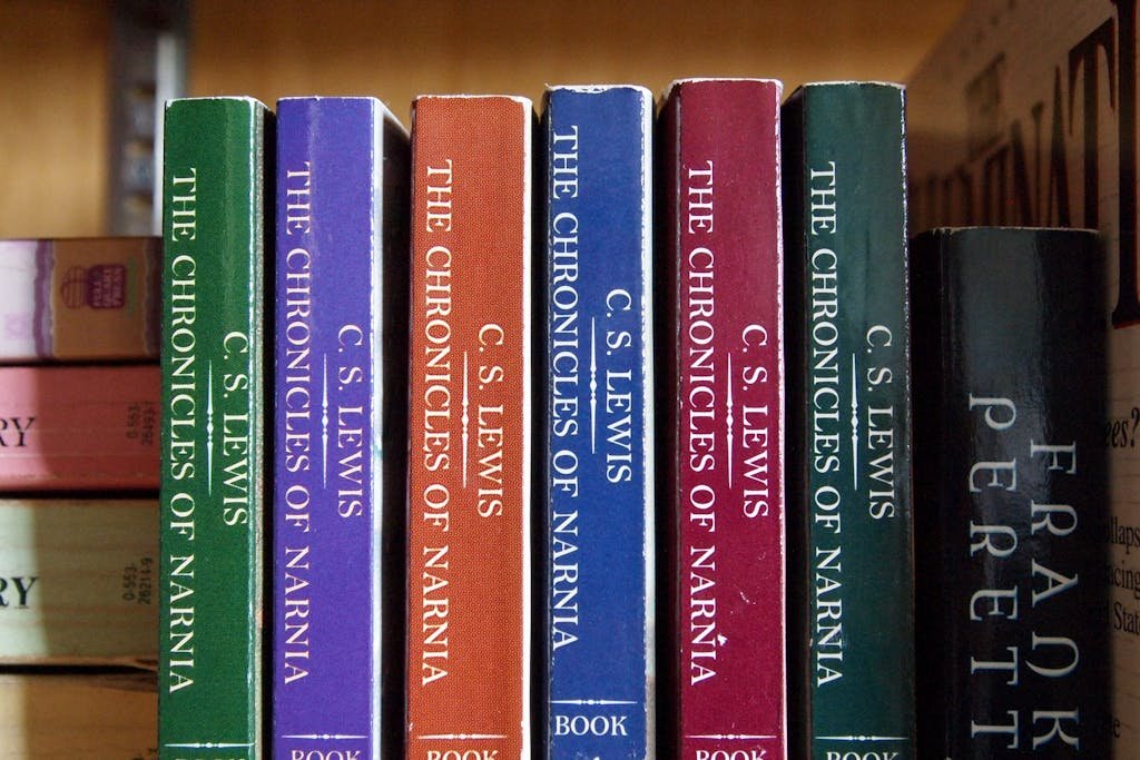 Rows of C.S. Lewis's 'The Chronicles of Narnia' books on a shelf, vibrant and inviting.