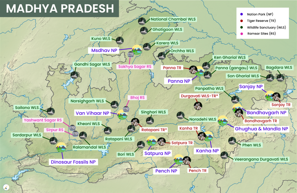 Madhya Pradesh National Parks Tiger Reserves Wildlife Sanctuaries Ramsar Sites Map 1024x665 2